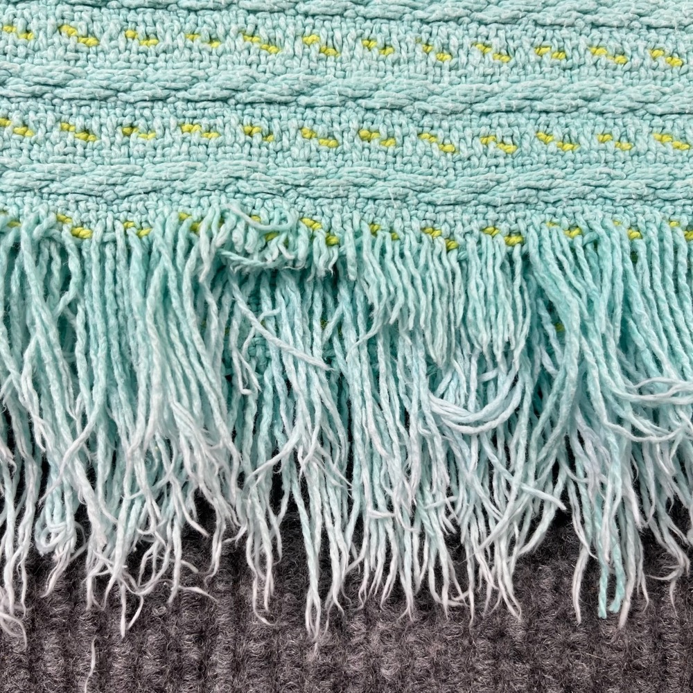 Vtg Knit Blanket Blue Yellow Fringe Unisex Cotton Throw Blanket - Picture 11 of 14